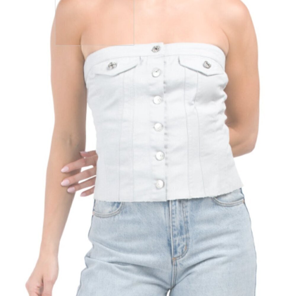Zara Women's NWT Strapless Denim Button Front Corset Smocked Back Top Silver Med